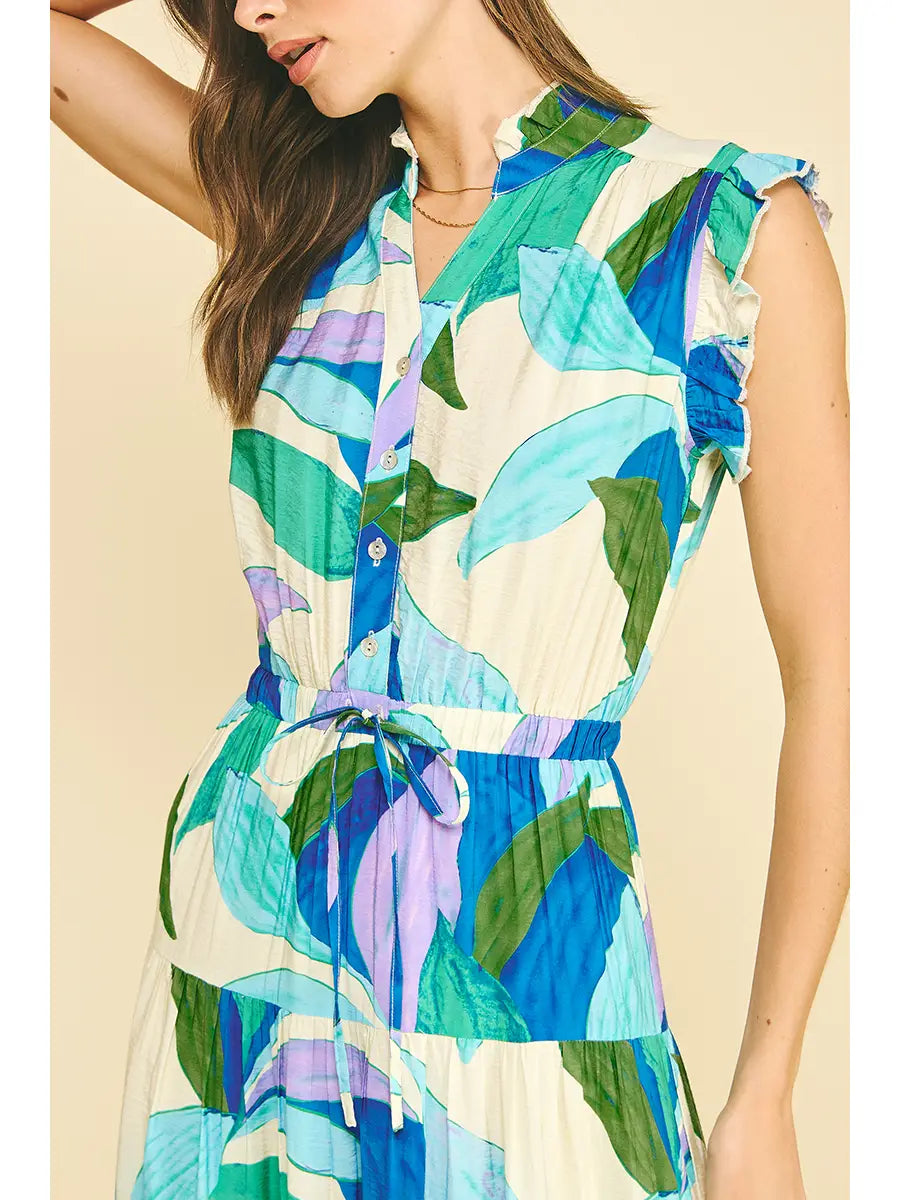 LEAF PRINT BUTTON DOWN TIERED DRESS