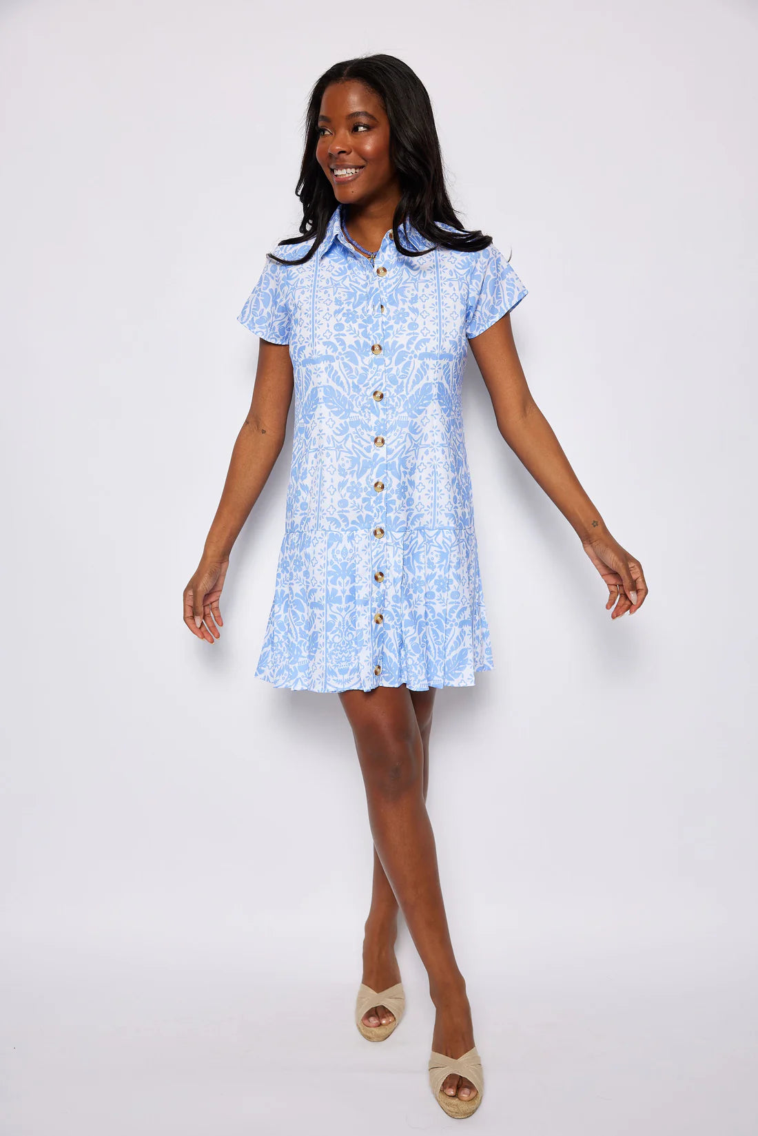 Hydrangea Block Print Ruffle Hem Shirt Dress