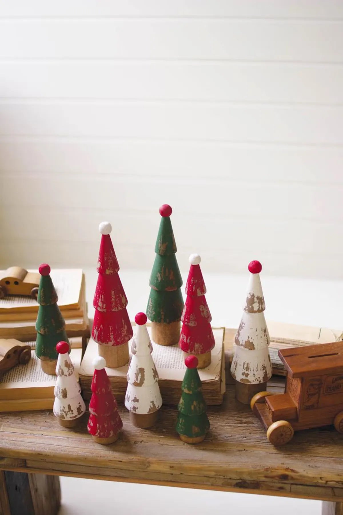 Set of 9 Turned Wood Painted Christmas Trees