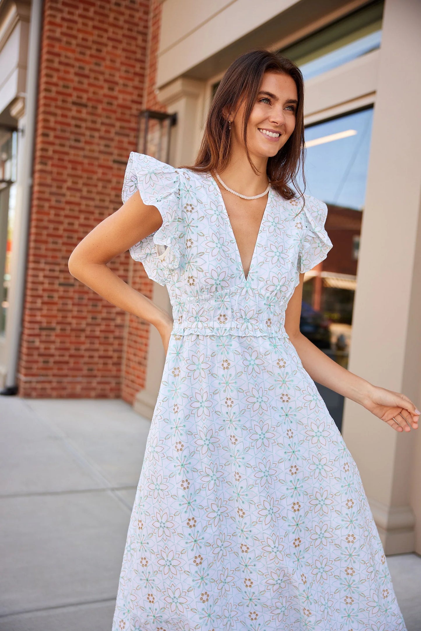 Cabbage & White Eyelet V-Neck Flutter Sleeve Maxi Dress