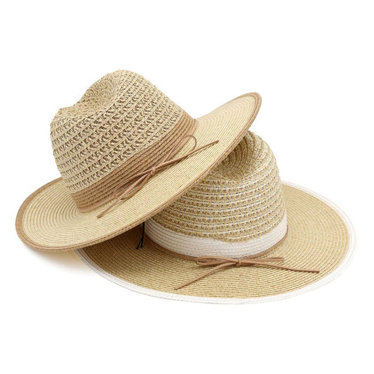Bow Accent Two Tone Woven Straw Summer Fedora Hat