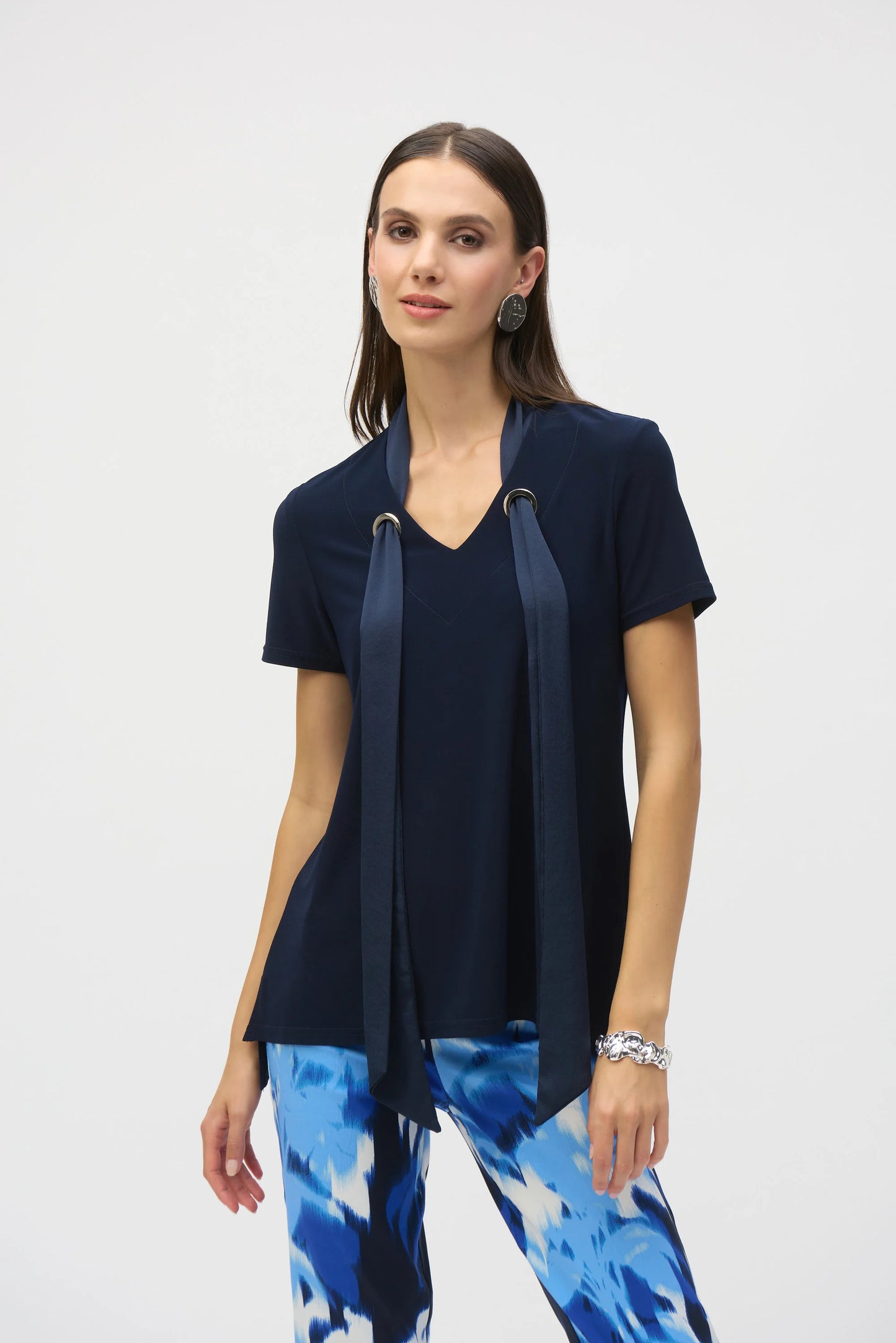 Silky Knit Straight Top With Satin Scarf