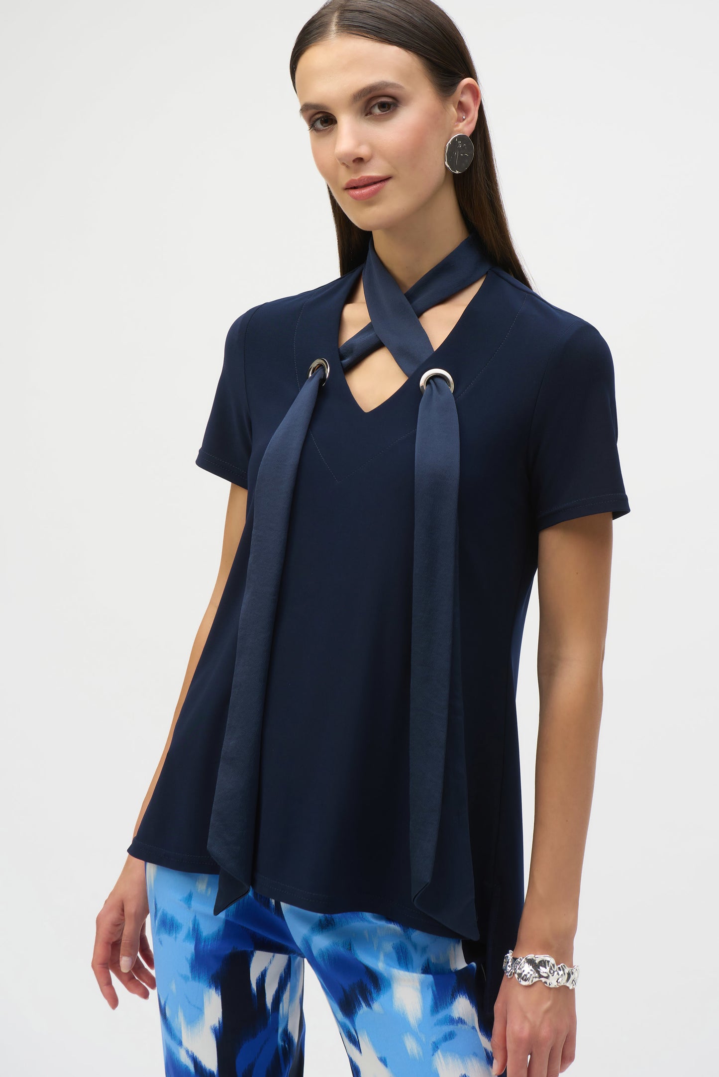 Silky Knit Straight Top With Satin Scarf
