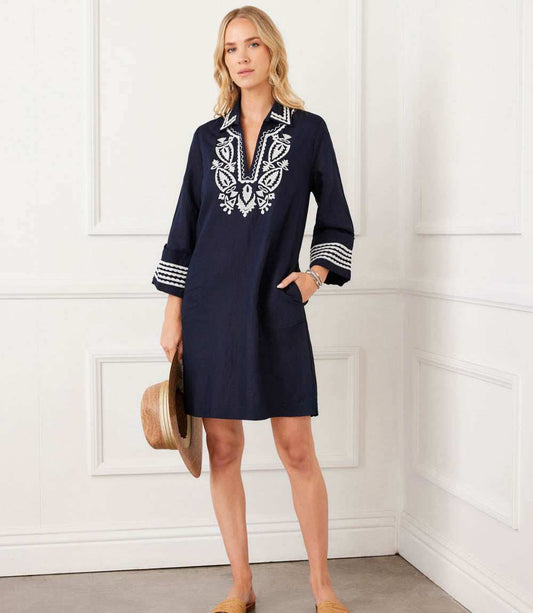 Cuffed Sleeve Embroidered Dress