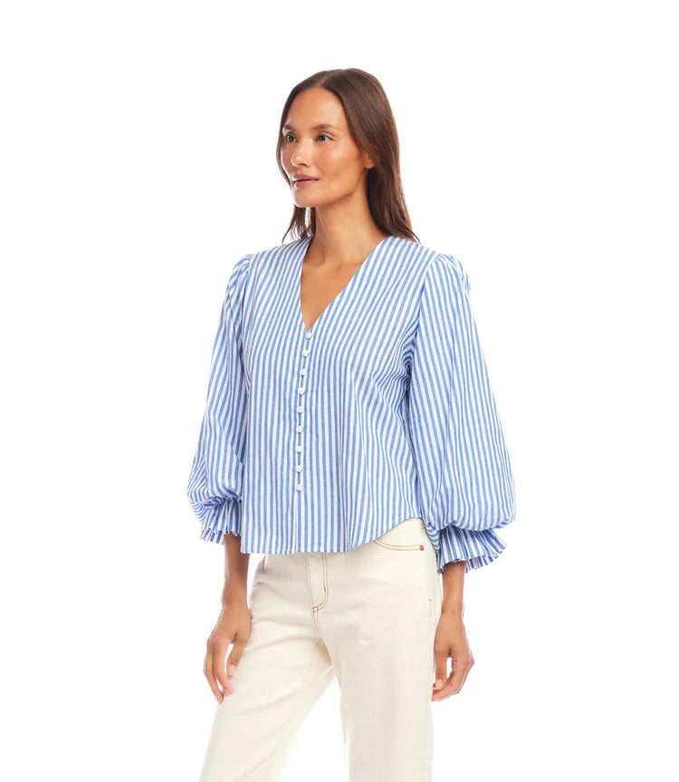 Stripe Layered Sleeve Shirred Blouse
