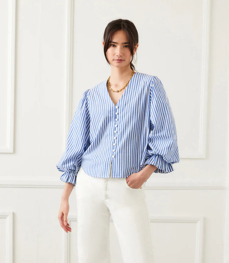Stripe Layered Sleeve Shirred Blouse