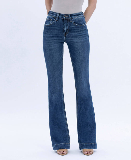 HIGH RISE DARK WASH TROUSER HEM BOOTCUT JEANS