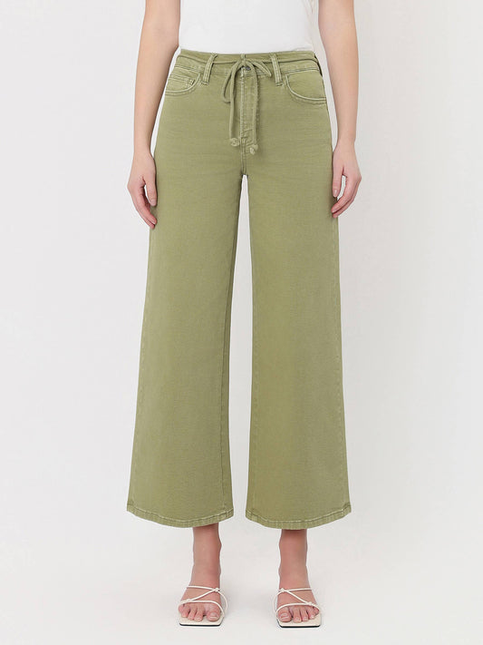 HIGH RISE DRAWSTRING COLOR CROP WIDE LEG JEANS