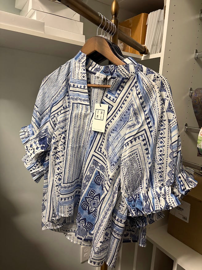 Blue and White Geometric Top