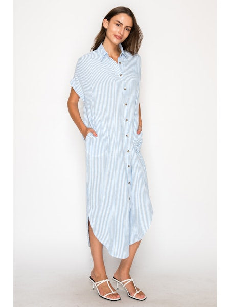 Blue Gauze Stripe Shirt Dress