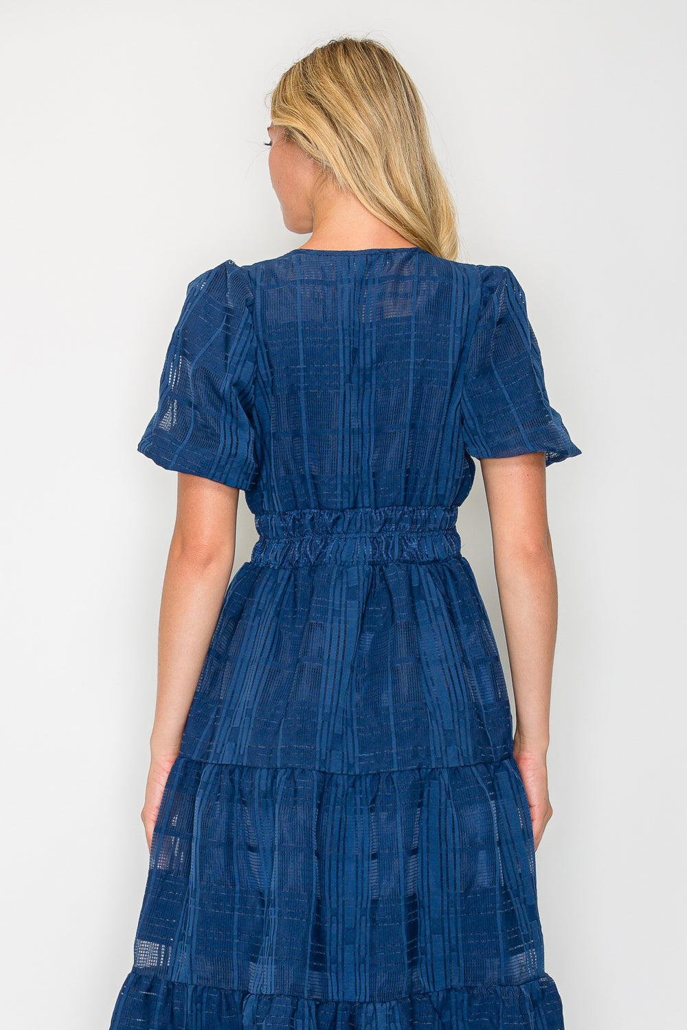 WINDOWPANE JACQUARD PUFF SLEEVE MIDI DRESS