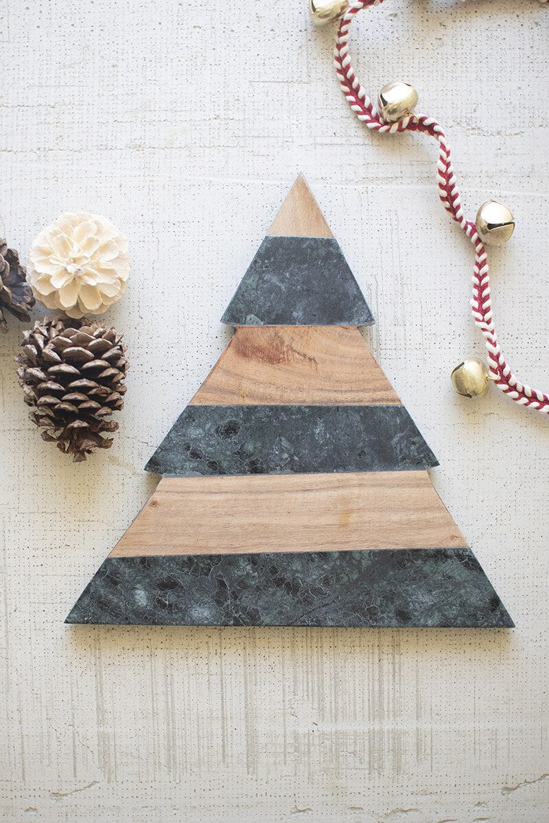 Green Marble and Acacia Wood Christmas Tree Cutting Board