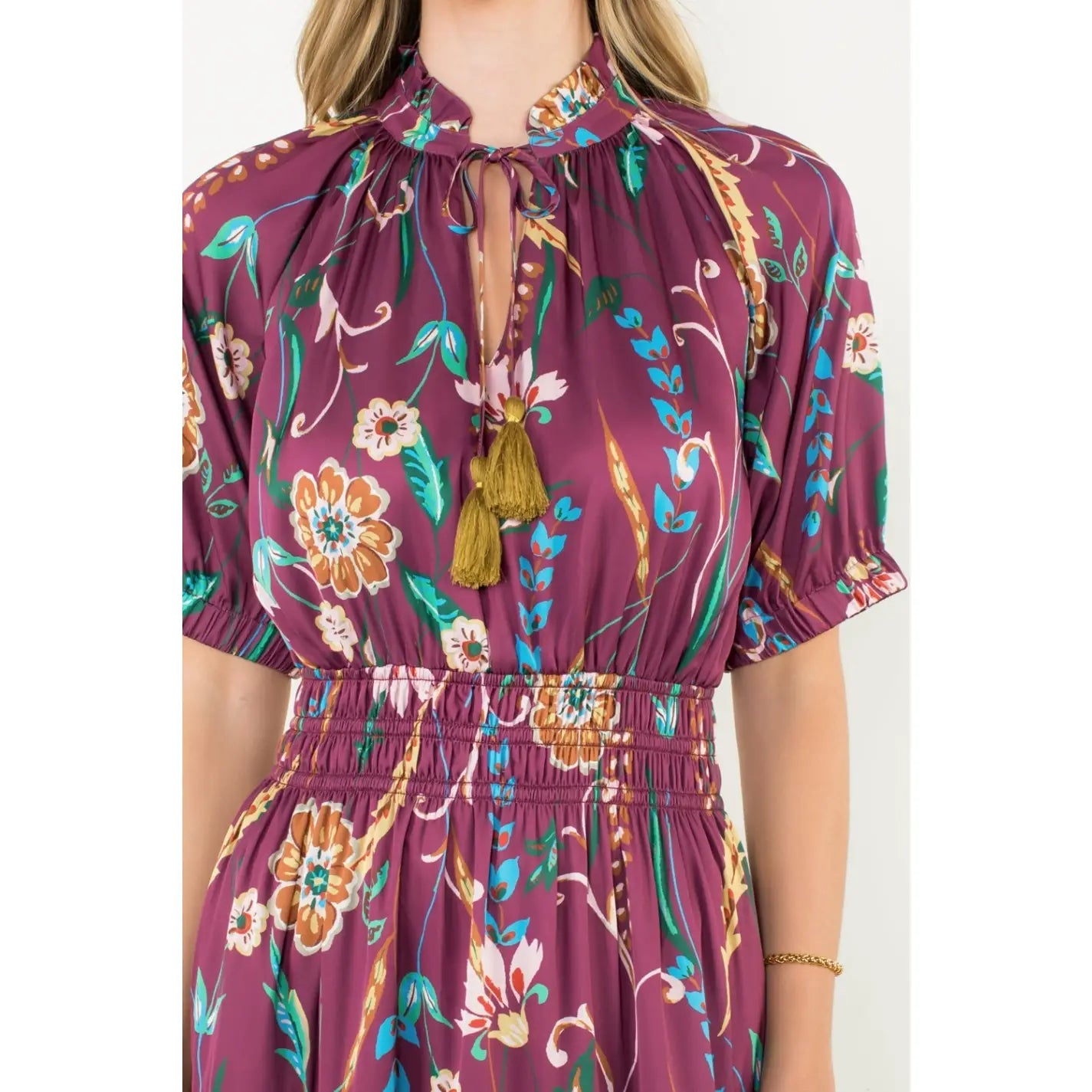 Smocked Waist Tassel Floral Maxi Dress