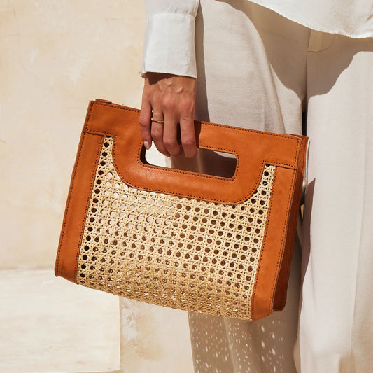 Rattan Cane Weave Handbag with Brown Leather Trim