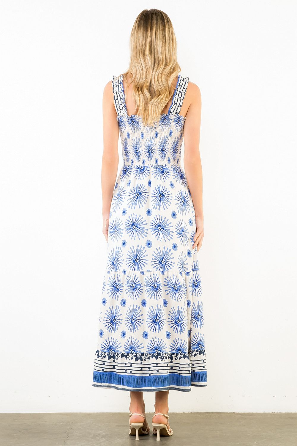Ruffled Thin Strap Striped Tiered Midi Dress