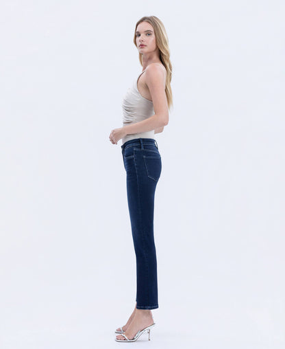 MID RISE DARK WASH ANKLE SLIM STRAIGHT JEANS