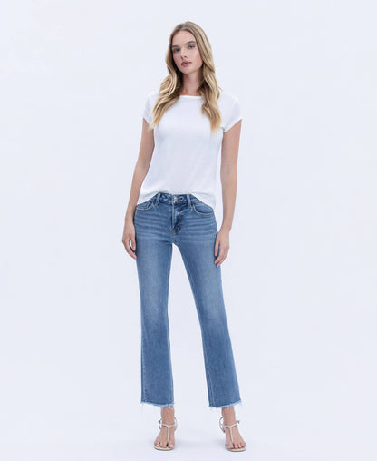MID RISE MEDIUM WASH RAW HEM CROP STRAIGHT JEANS