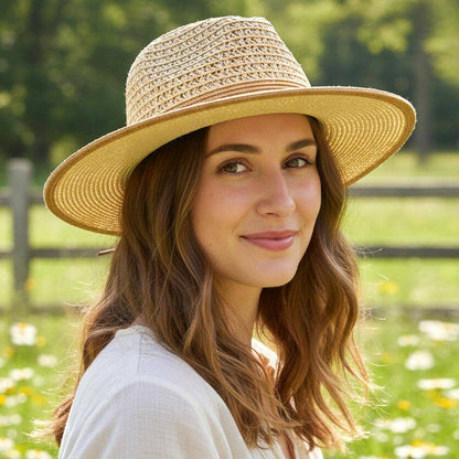 Bow Accent Two Tone Woven Straw Summer Fedora Hat
