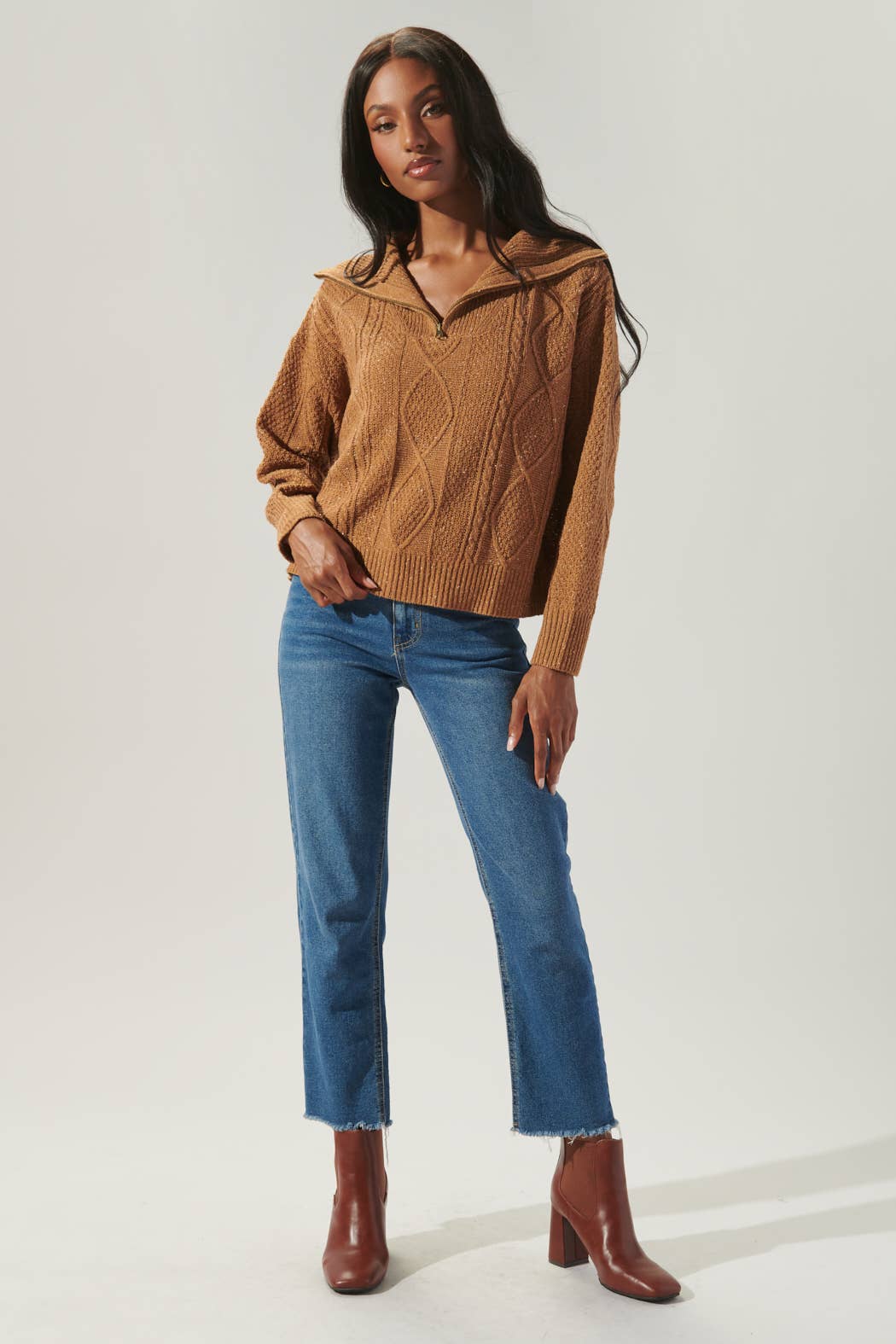 Mocha Cable Knit Half Zip Sweater