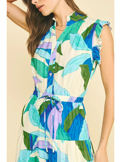 LEAF PRINT BUTTON DOWN TIERED DRESS