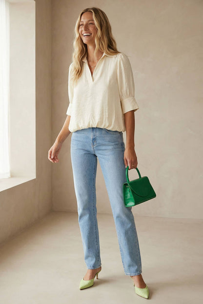 Half Sleeve Hi-lo Bubble Hem Blouse