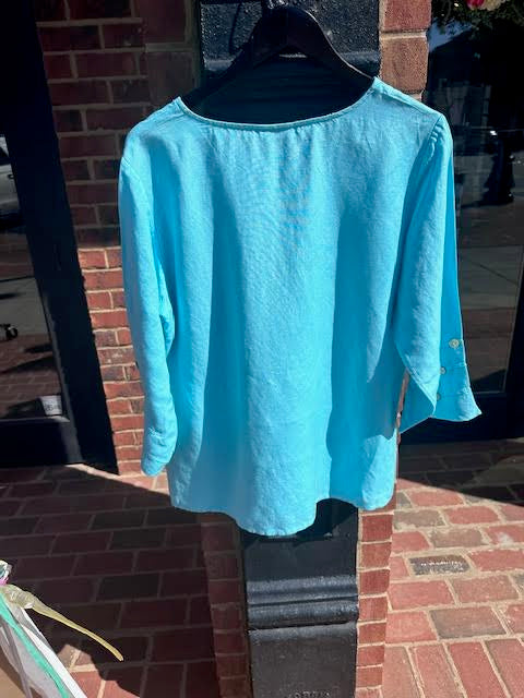 Aqua   Linen Pull-Over Button Detail Tunic