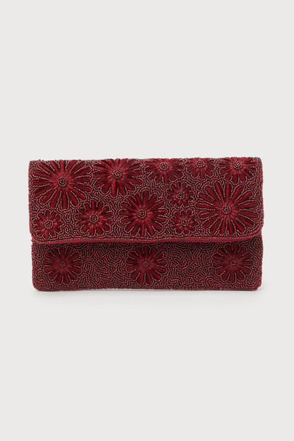 Wine Floral Embroidered Clutch