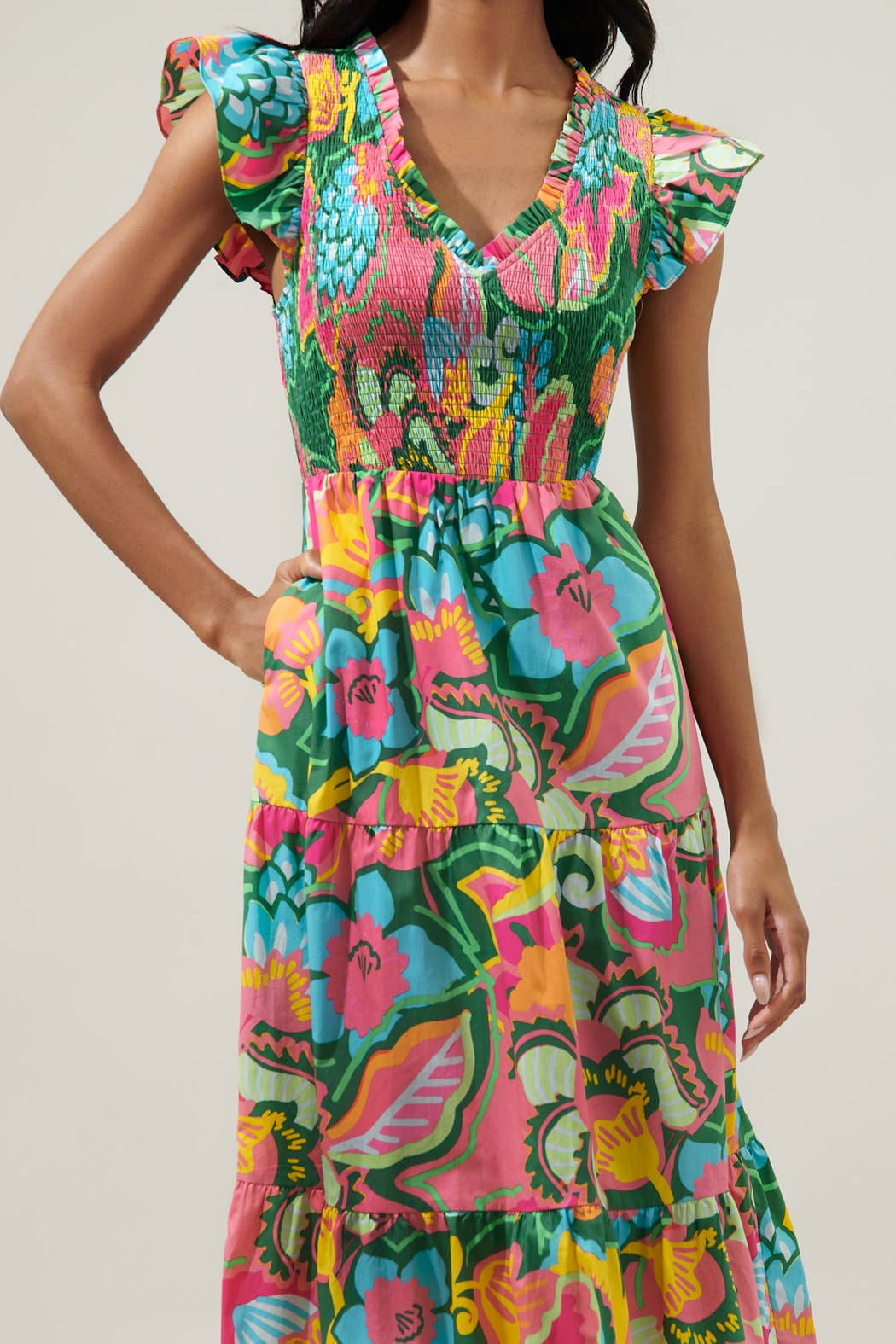 Lanai Tropics Sunfire Smocked Bodice Tiered Midi Dress