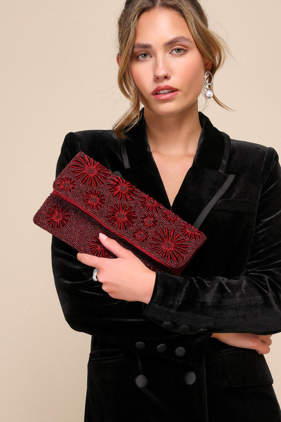 Wine Floral Embroidered Clutch