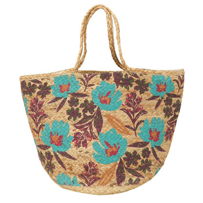Floral Print Raffia Woven Tote Bag