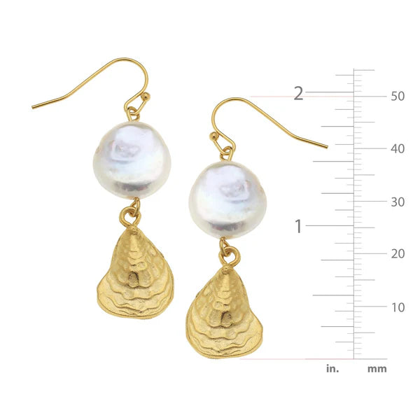 Coin Pearl Oyster Drop Earrings