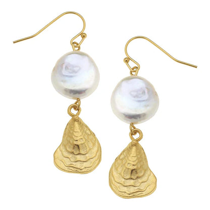 Coin Pearl Oyster Drop Earrings