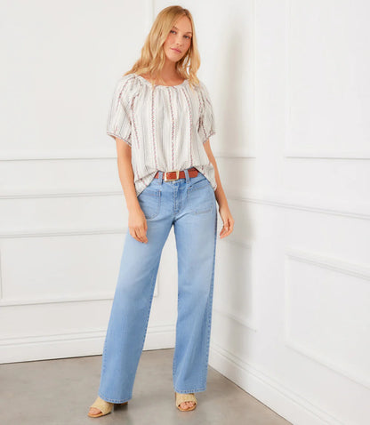 Stripe Puff Sleeve Embroidered Peasant Top