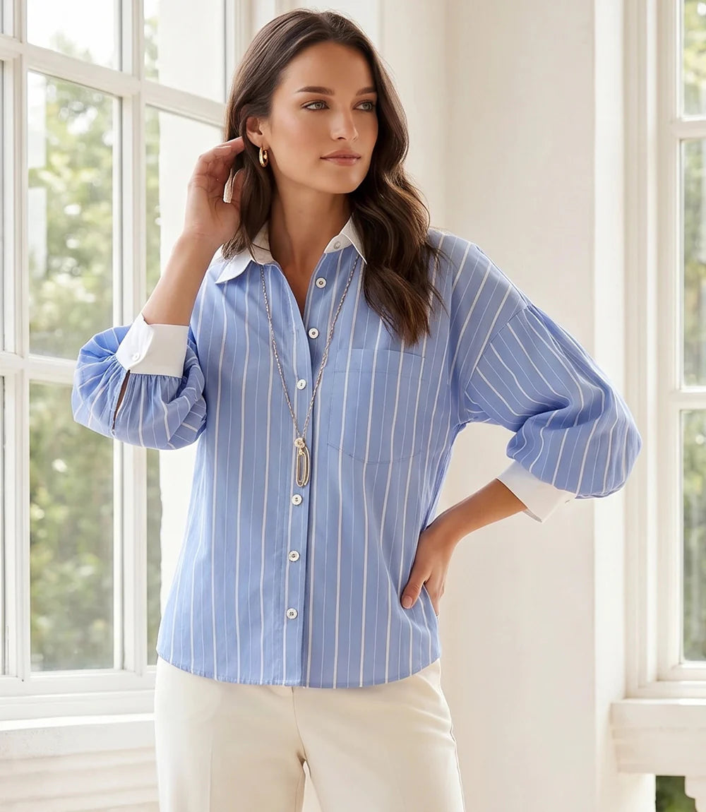Stripe Lantern Sleeve Button-Up Shirt
