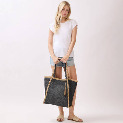 Tassel Accent Two Tone Woven Straw Tote Bag