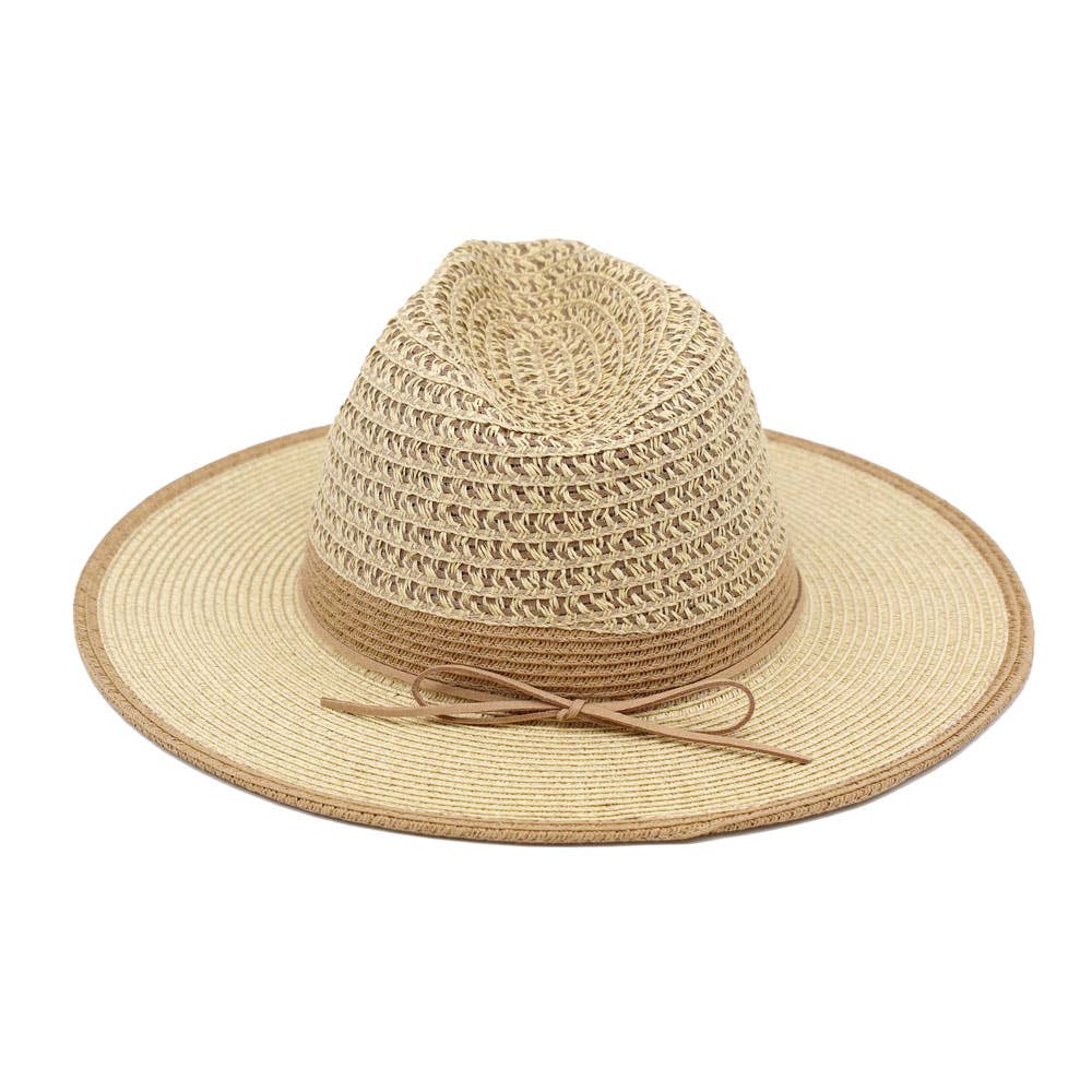 Bow Accent Two Tone Woven Straw Summer Fedora Hat