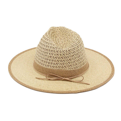 Bow Accent Two Tone Woven Straw Summer Fedora Hat