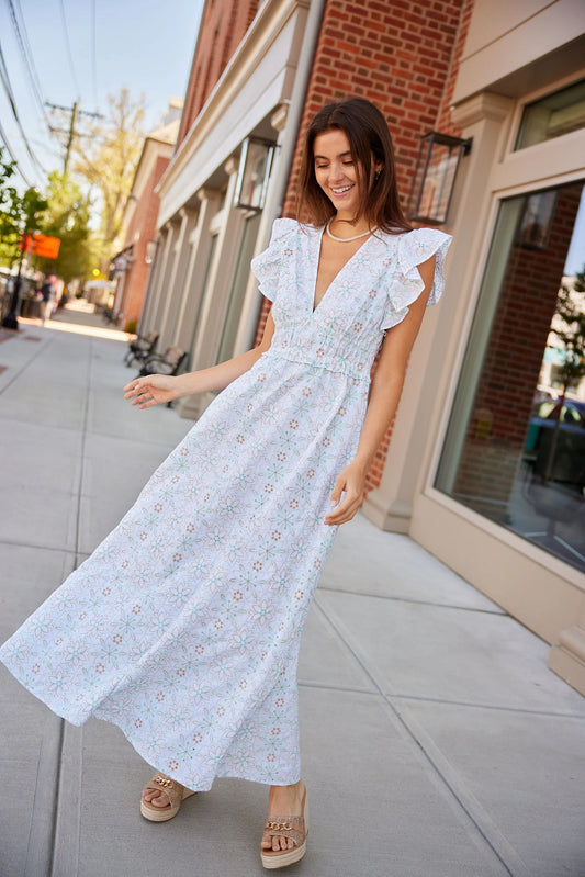 Cabbage & White Eyelet V-Neck Flutter Sleeve Maxi Dress