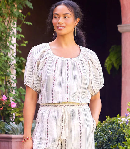 Stripe Puff Sleeve Embroidered Peasant Top