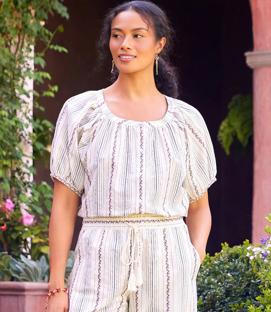 Stripe Puff Sleeve Embroidered Peasant Top