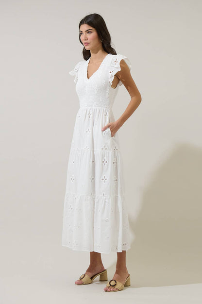 Kinna Eyelet Sunfire Tiered Midi Dress