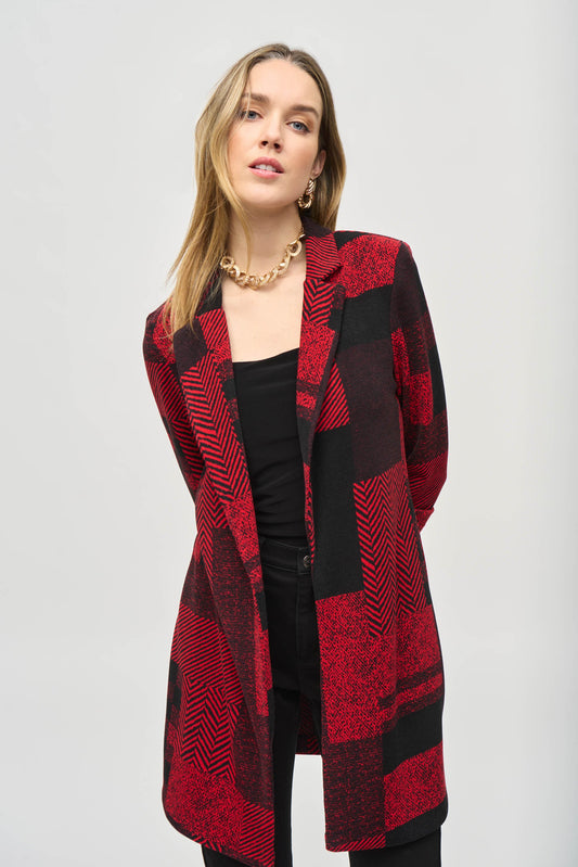 Sweater Knit Patchwork Print Long Blazer