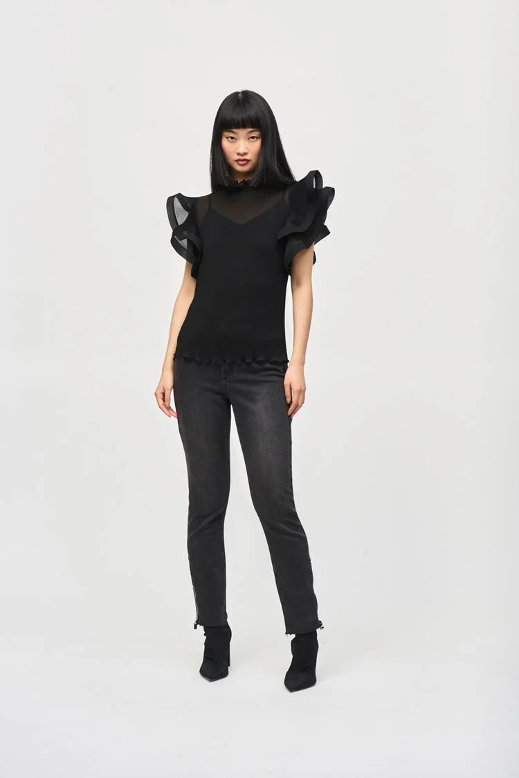 Chiffon Pleated Top With Ruffled Sleeves