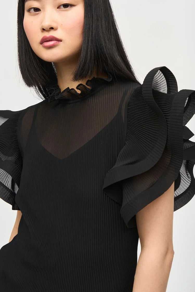 Chiffon Pleated Top With Ruffled Sleeves