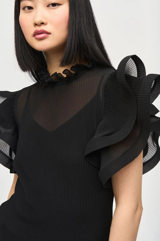 Chiffon Pleated Top With Ruffled Sleeves