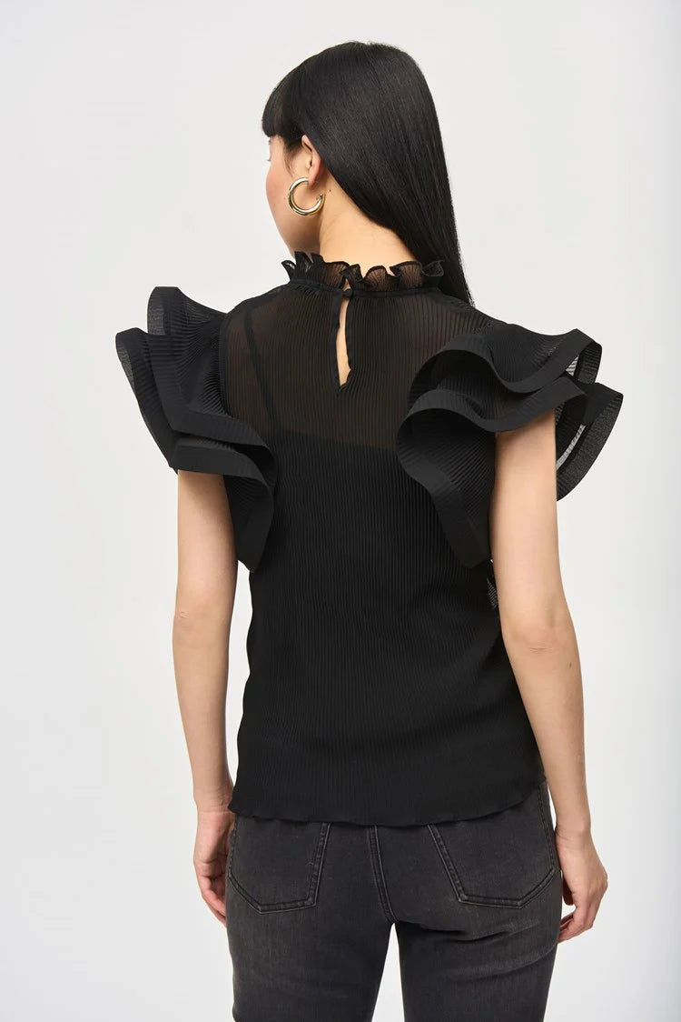 Chiffon Pleated Top With Ruffled Sleeves