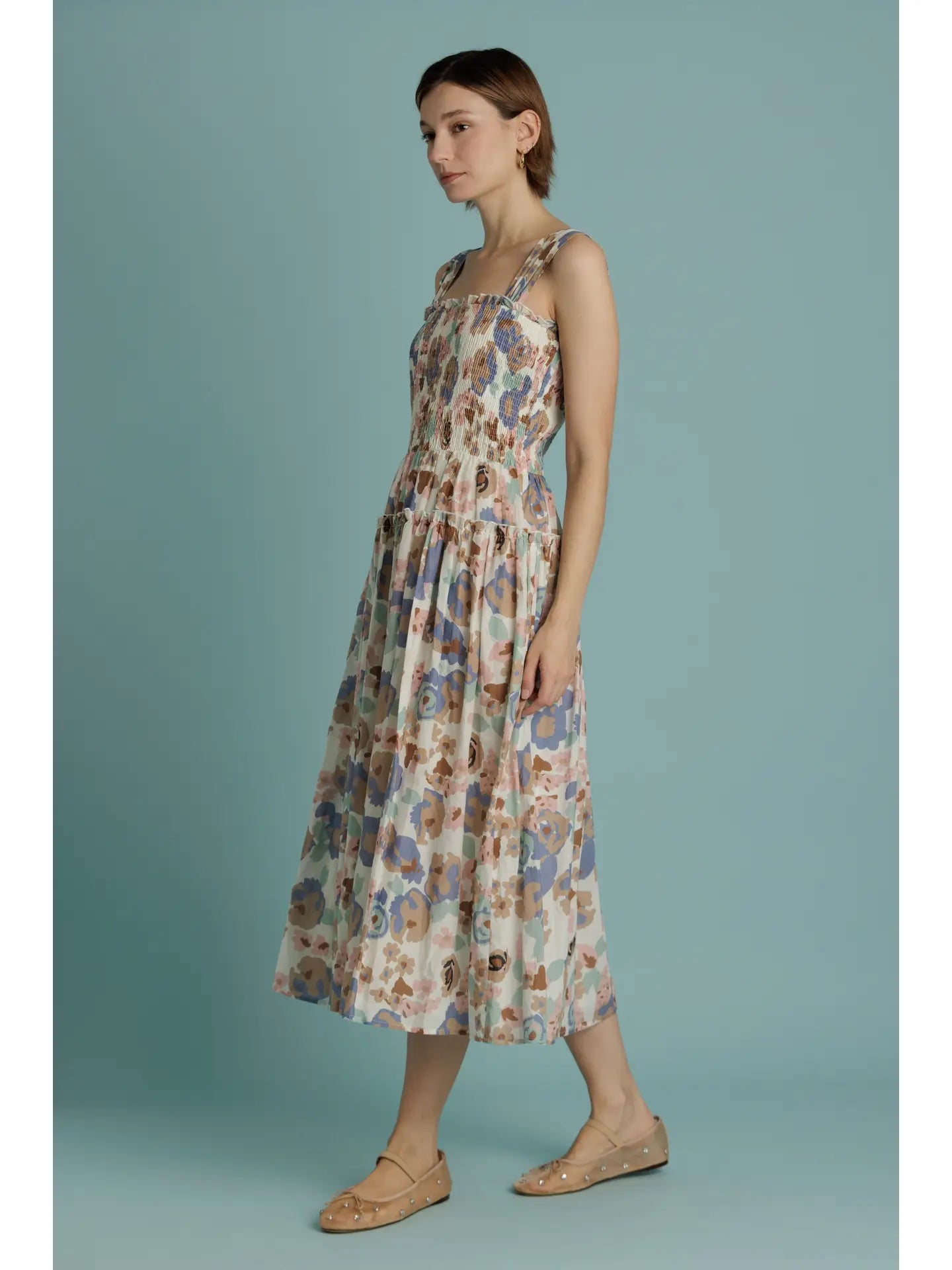 FLORAL SMOCKED MIDI DRESS