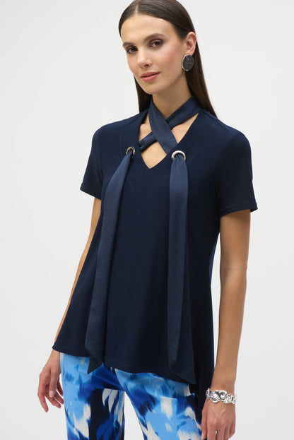 Silky Knit Straight Top With Satin Scarf