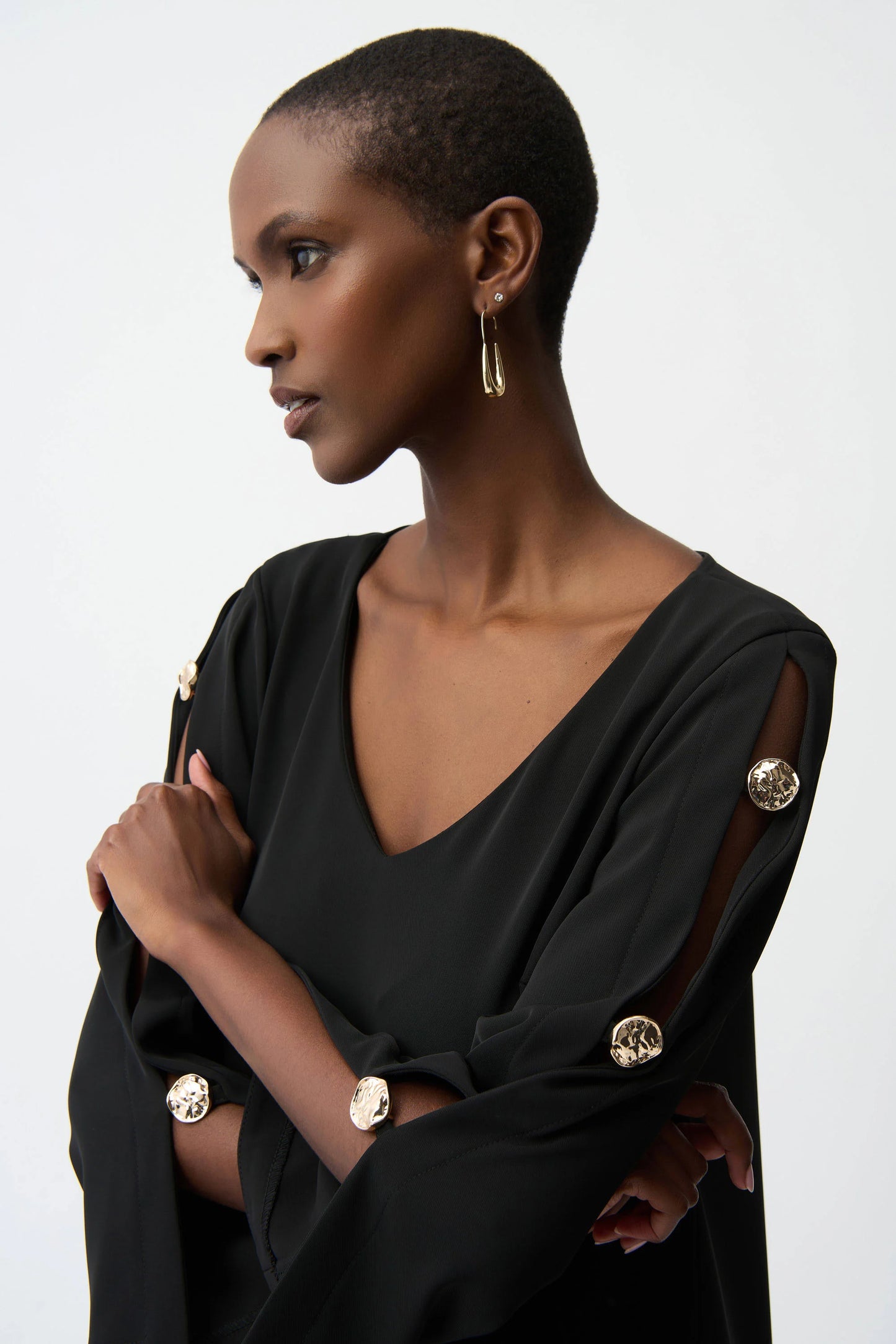 Woven Twill Trapeze Dress With Gold Trimmed Slit Sleeves