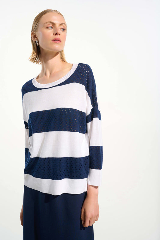 Cotton Blend Stripe Print Crewneck Sweater